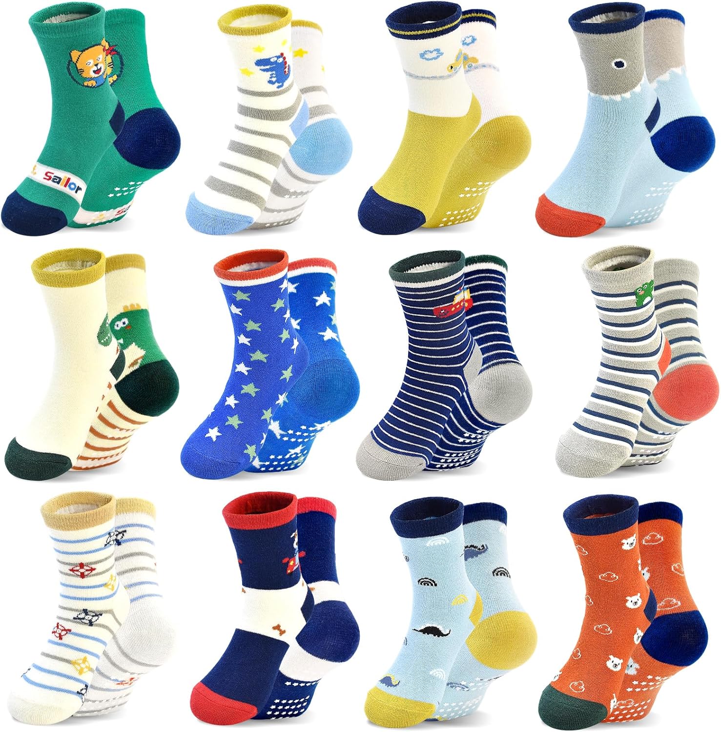 HYCLES Non-Slip Baby Socks With Grips 12 Pairs Anti Slip Cartoon Toddler Socks F...