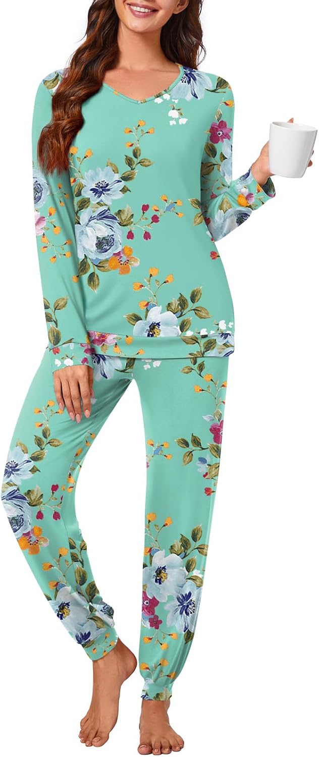 syoss Womens Pajama Set Long Sleeve Sleepwear Fall V-Neck Nightwear Soft Pjs 2 P...