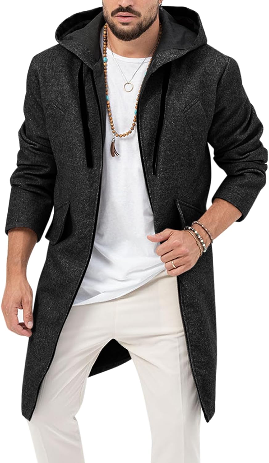 ZIWOCH Mens Trench Coat Wool Blend Hoodie Long Jacket Full Zip Winter Classic Bu...
