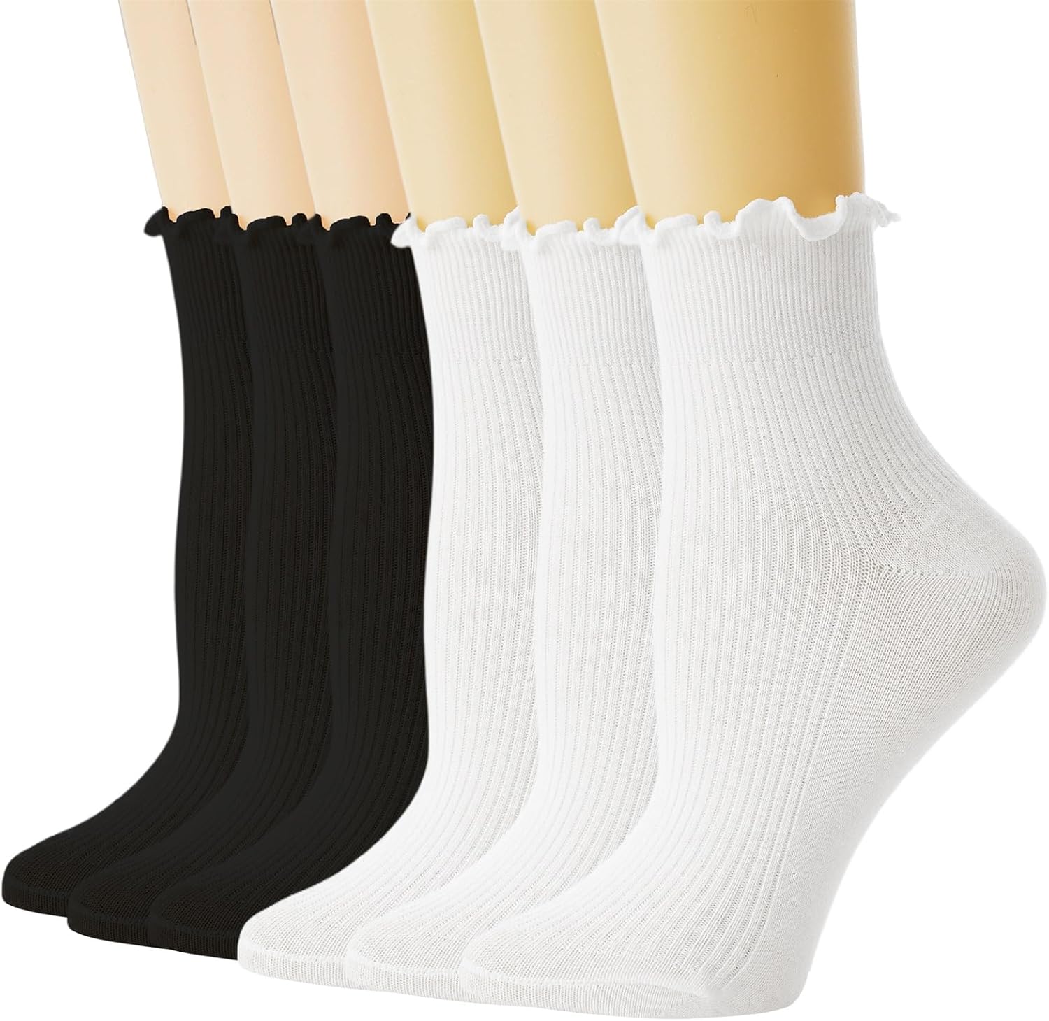 Womens Ruffle Socks, 6 Pairs Turn-Cuff Crew Socks, Cotton Frilly Ankle Socks, Wh...