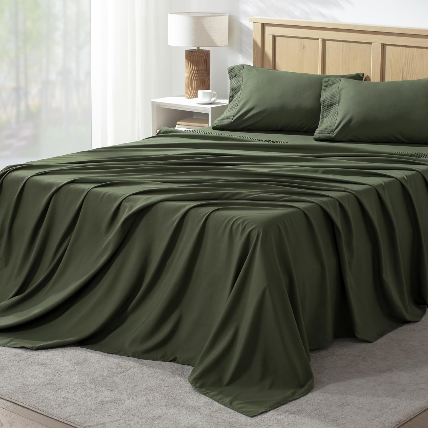 Andency Queen Sheet Set 4 Pieces, Dark Olive Green Super Soft Sheets for Queen S...