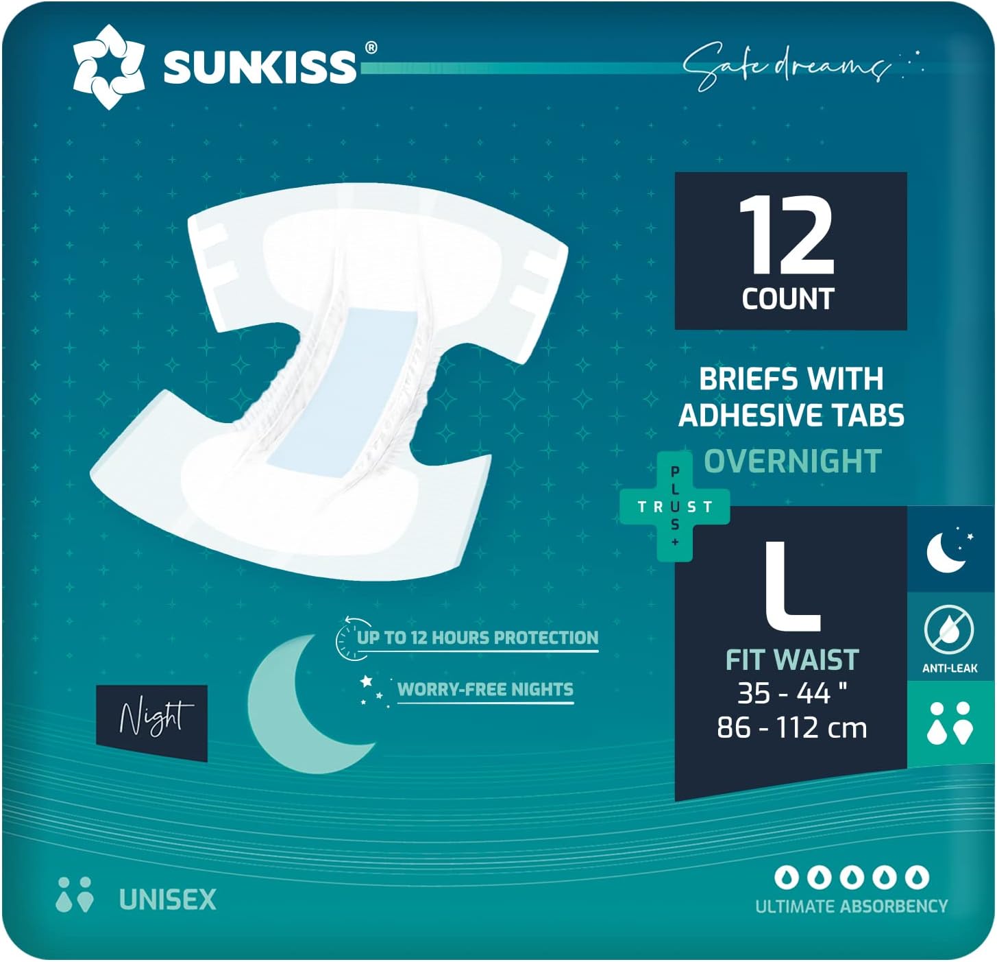 SUNKISS TrustPlus Overnight Adult Diapers with Ultimate Absorbency, Unisex Incon...