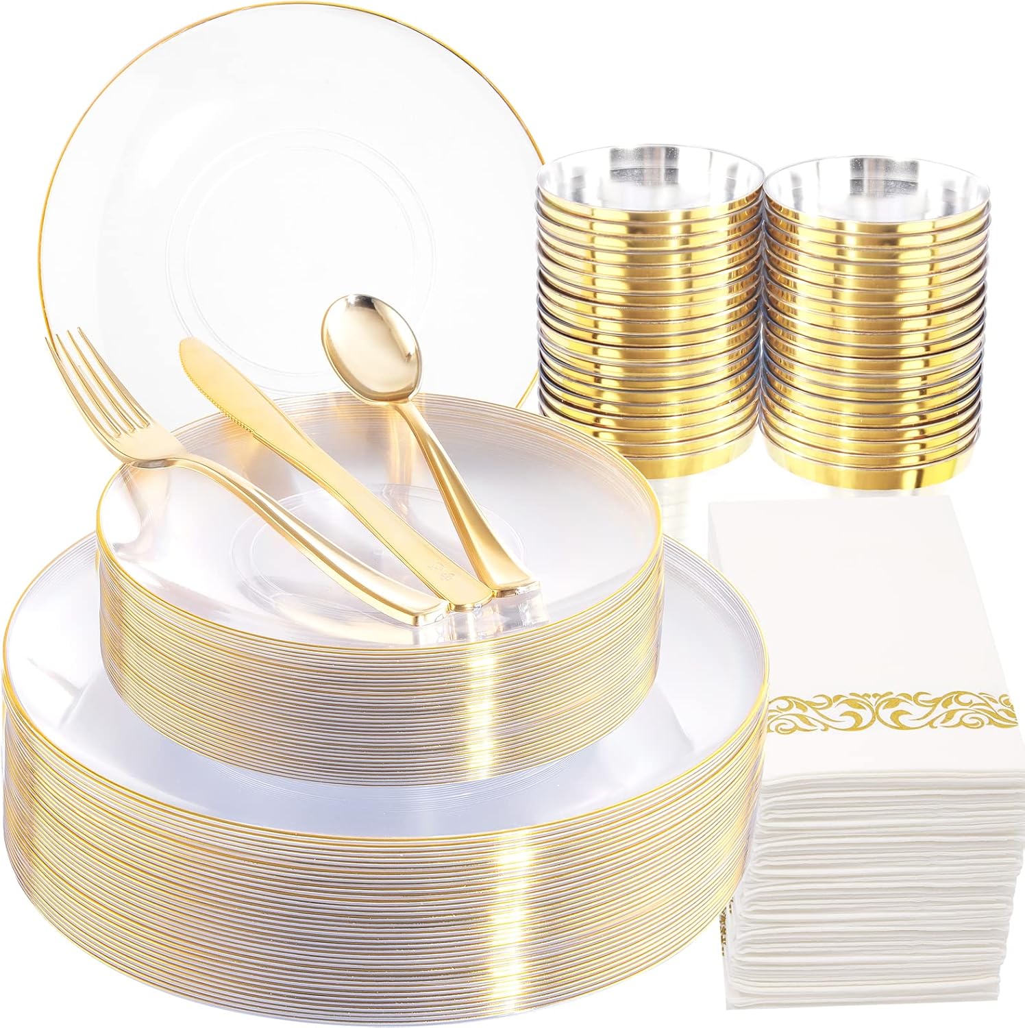 Nervure 350PCS Clear and Gold Plastic Plates - Gold Disposable Dinnerware Sets -...