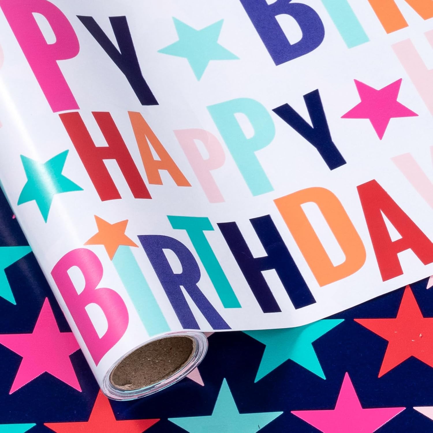 LeZakaa Reversible Birthday Wrapping Paper Roll - Happy Birthday Lettering & Sta...