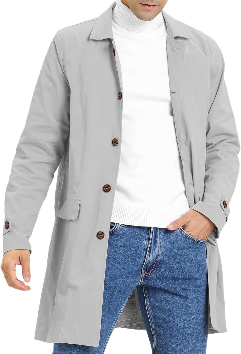 Mens Trench Coat Slim Fit Single Breasted Casual Long Jacket Lightweight Lapel F...
