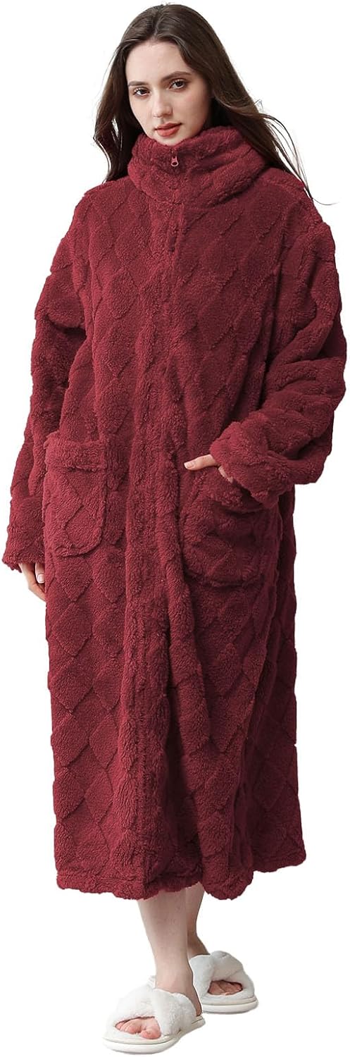 Hellomamma Womens Robes Warm Plush Winter Robe, Zip up Long Fleece Bath Robes Fe...