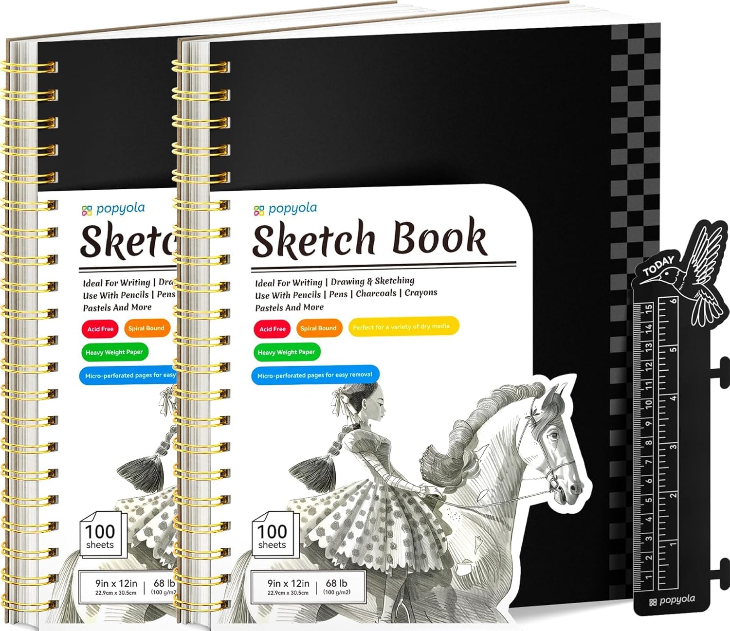 POPYOLA 9" x 12" Sketch Book with Bookmark Ruler, 2 Pack 100 Sheets Spiral Sketc...