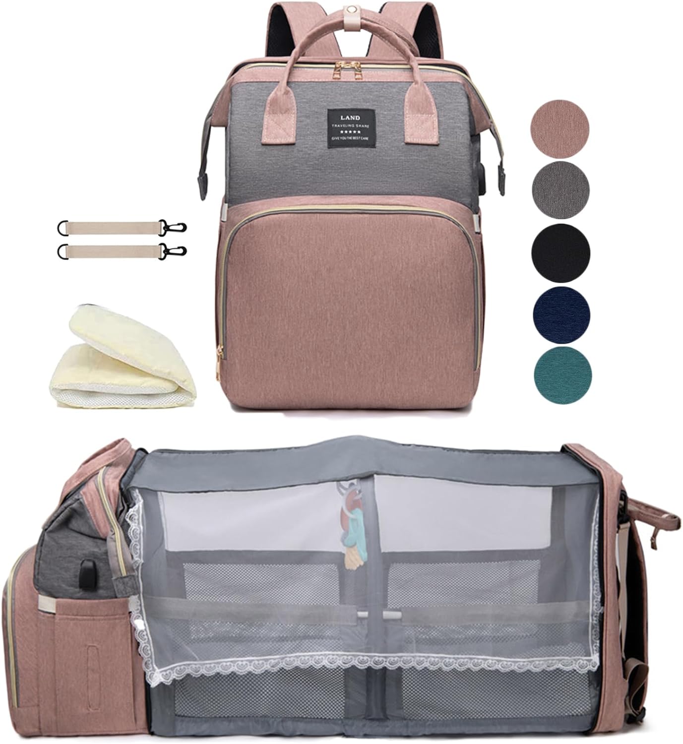 Diaper Bag Backpack with Changing Station: Pink Baby Toddler Bags for Girls Boys...