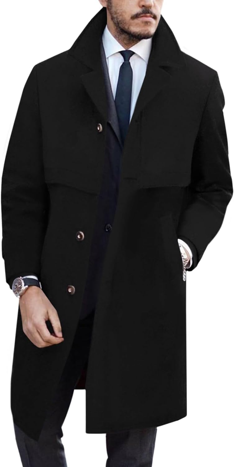 Ebifin Mens Trench Coat Wool Blend Notch Lapel Single Breasted Long Pea Coat Cas...