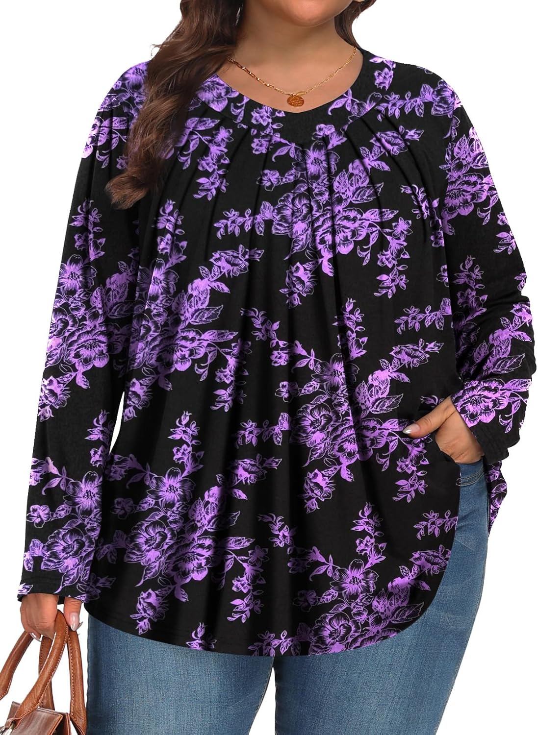 Tencede Womens Plus Size Tops Long Sleeve Shirts V Neck Tunic Blouses 1X-5X Blac...