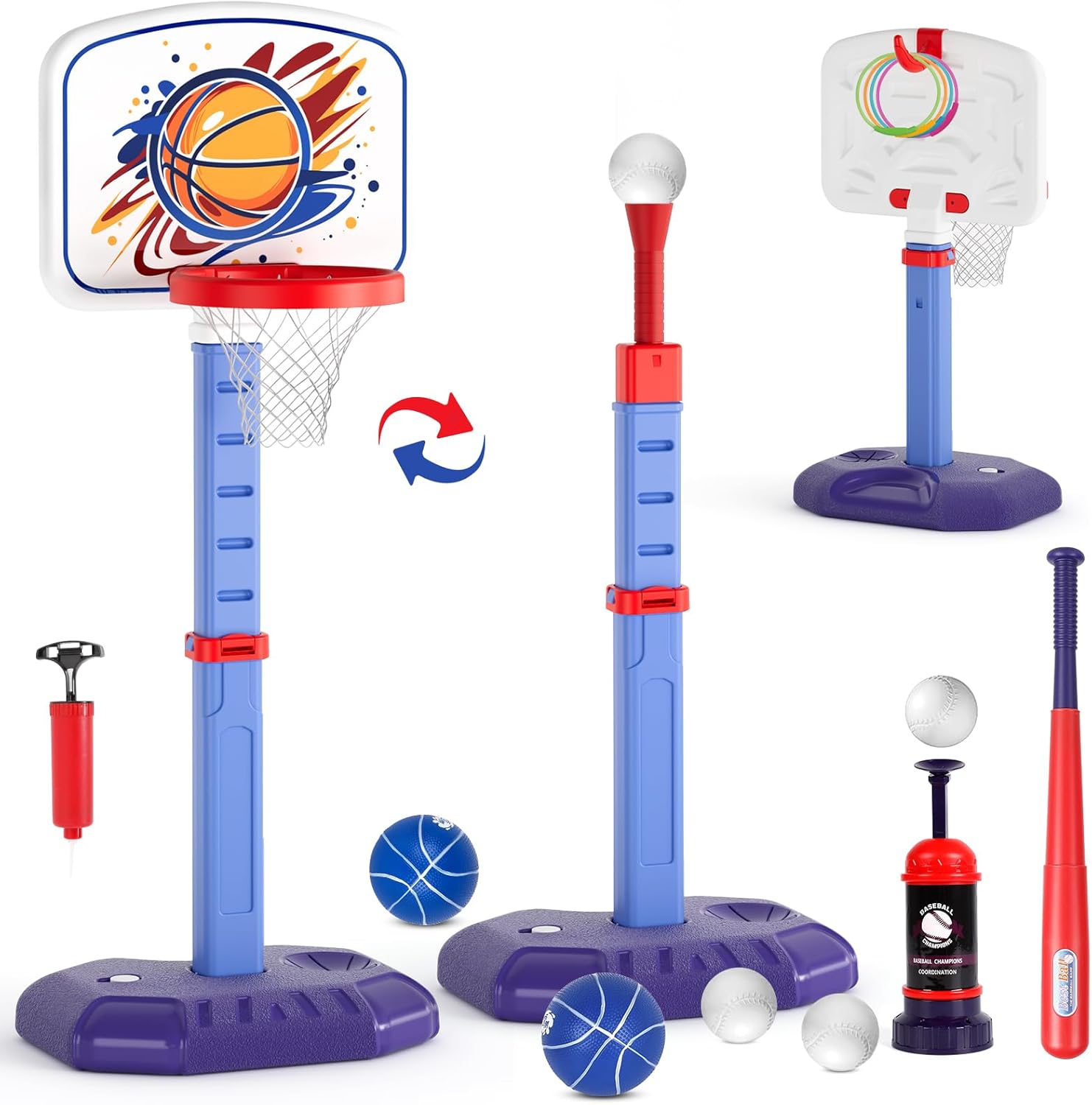 4 in 1 Toddler Kids Basketball Hoop, T Ball Set and Ring Toss Game, Adjustable H...
