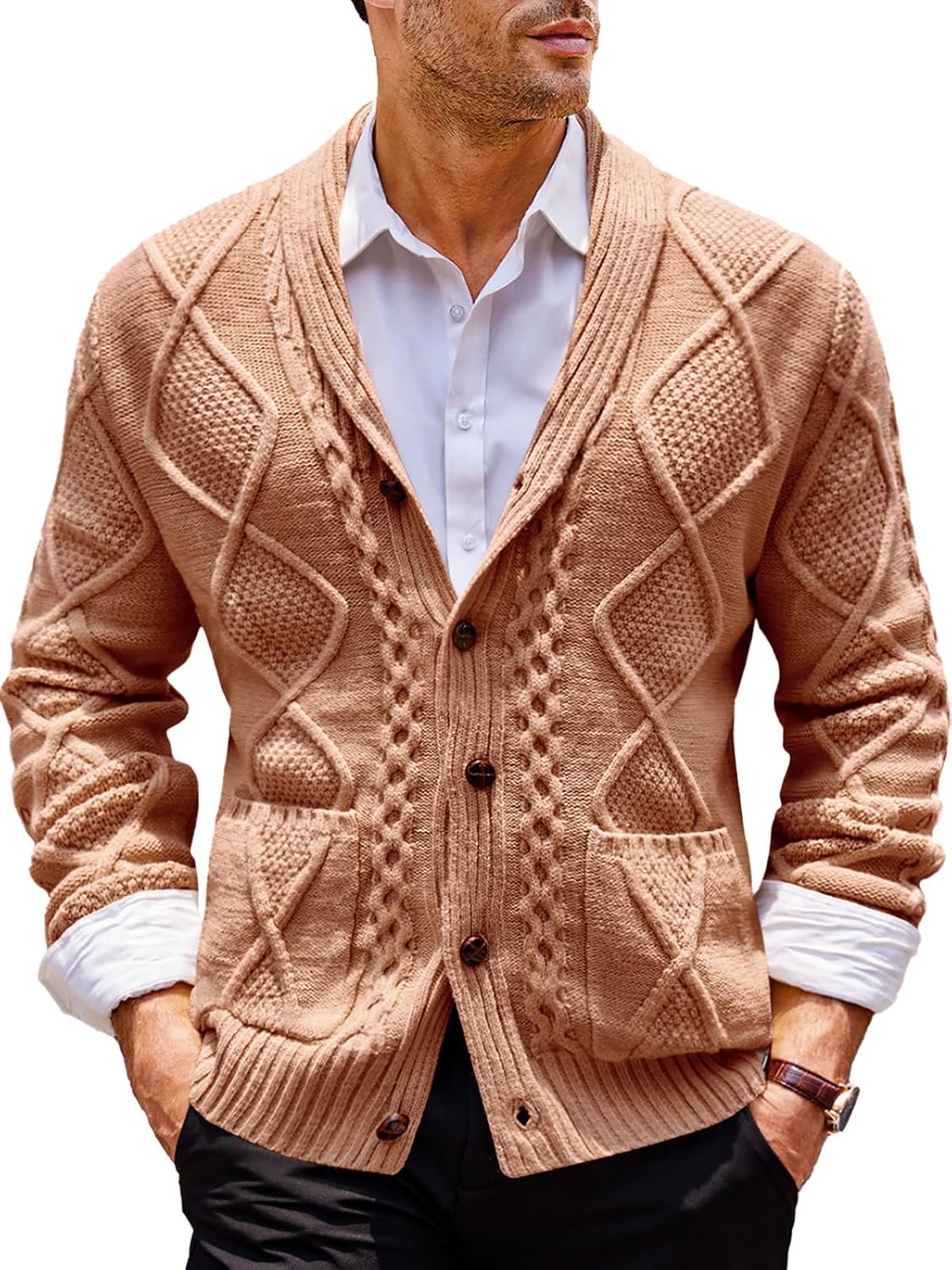 Runcati Mens Shawl Collar Cardigan Sweater Cable Knit Button Down Long Sleeve Ca...