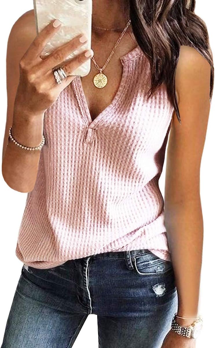 Womens Tank Tops V Neck Waffle Knit Summer Casual Sleeveless Loose Tee Shirts Me...