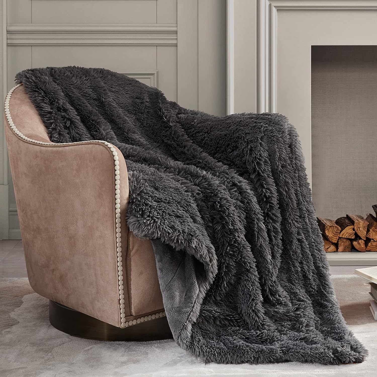 Bedfolks Faux Fur Throw Blanket 650GSM - Fuzzy Plush Soft Sherpa Fleece Blanket,...