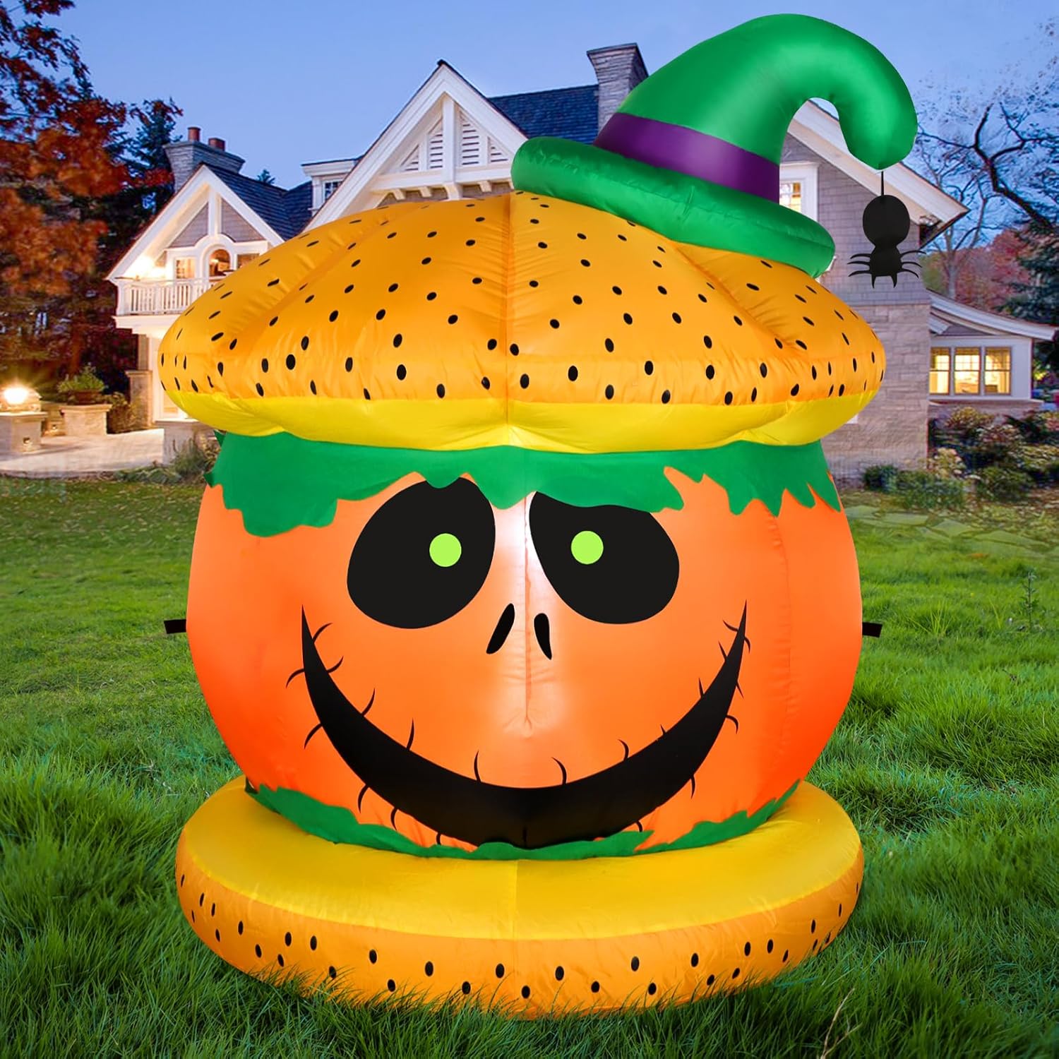 4FT Halloween Inflatable Hamburger Pumpkin Holiday Yard Outdoor Decorations, Ado...