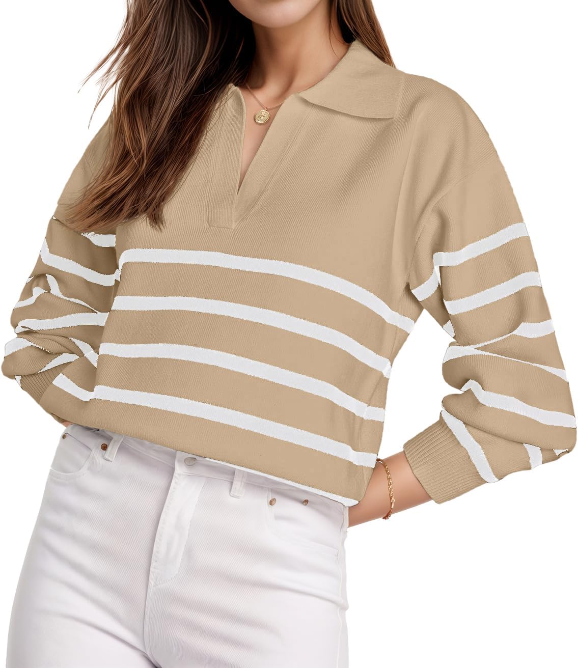 GRECERELLE 2024 Sweaters for Women Trendy Long Sleeve V Neck Striped Sweater Wom...