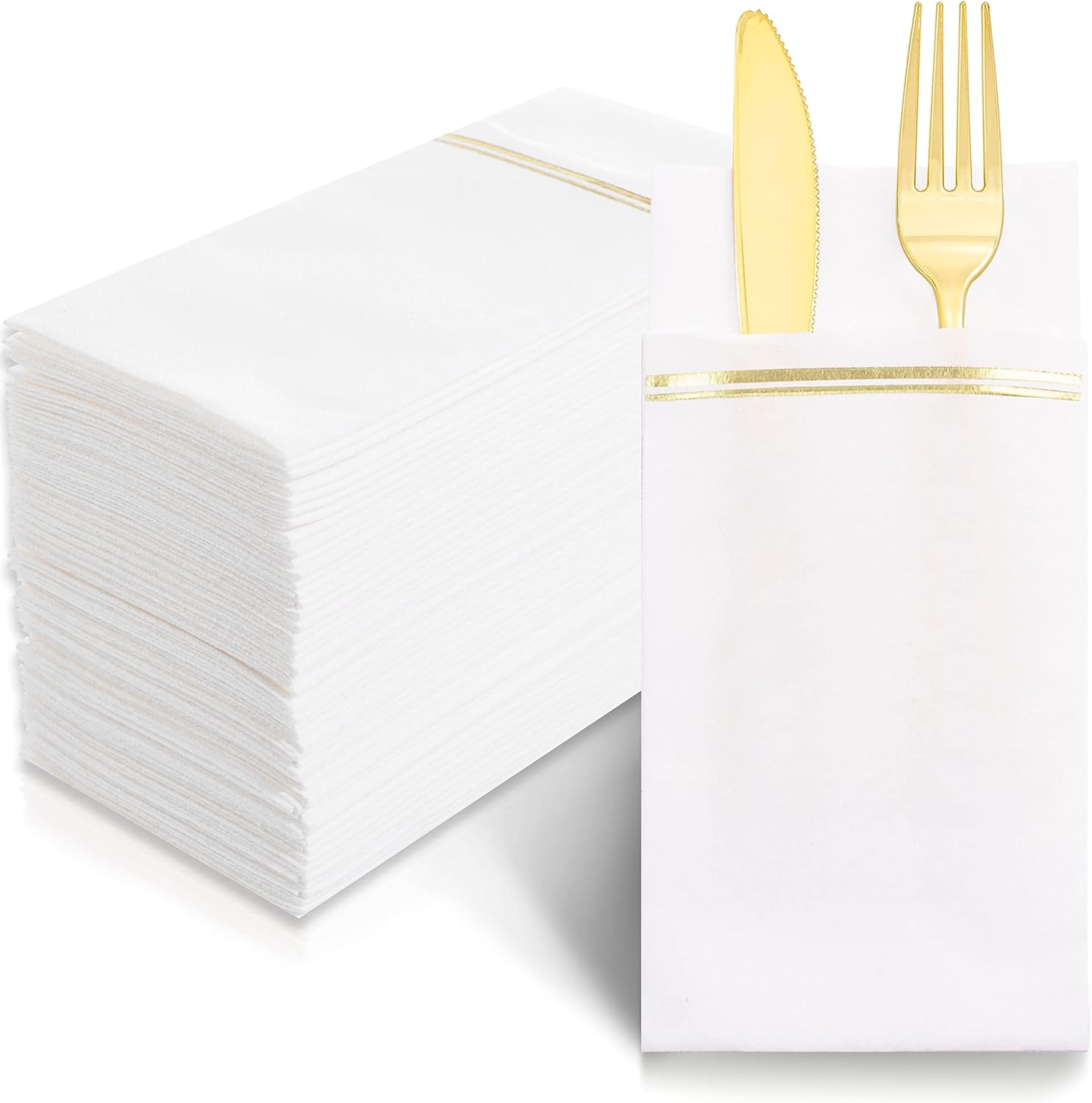 Nervure 100PCS Gold Paper Napkins with Built-in Flatware Pocket - White and Gold...