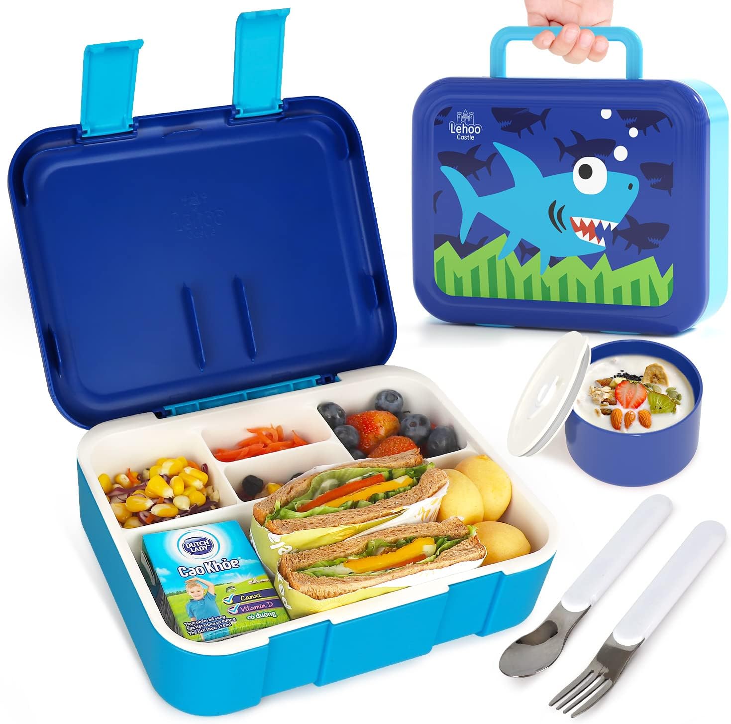 Lehoo Castle Bento Lunch Box for Kids Girls, 1250ml, with 5 Compartments, Spoon,...