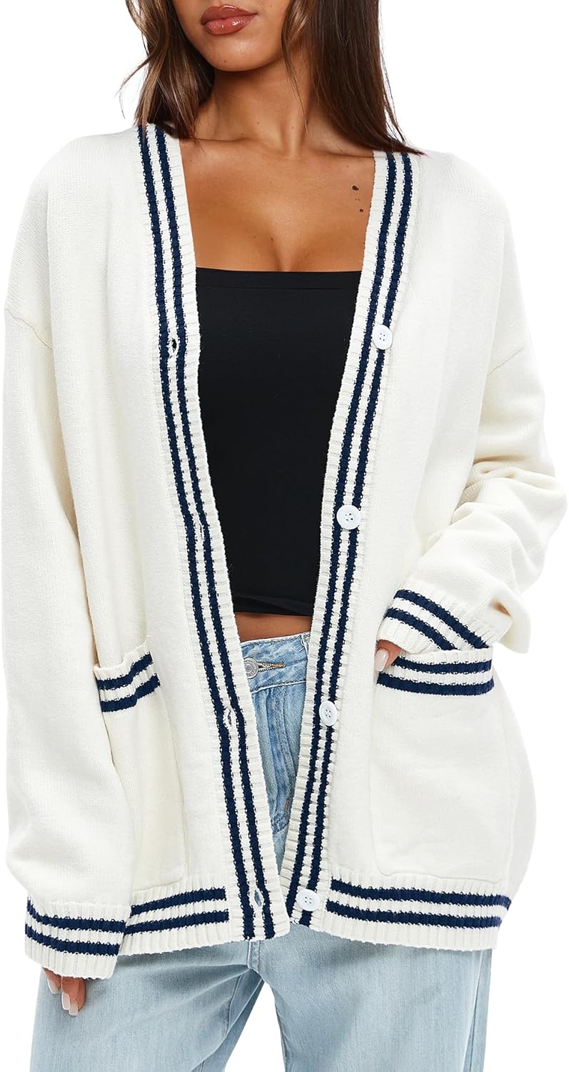 Darong Women Oversized Cardigan Sweaters Knit Button Front Stripes Trim Cardigan...