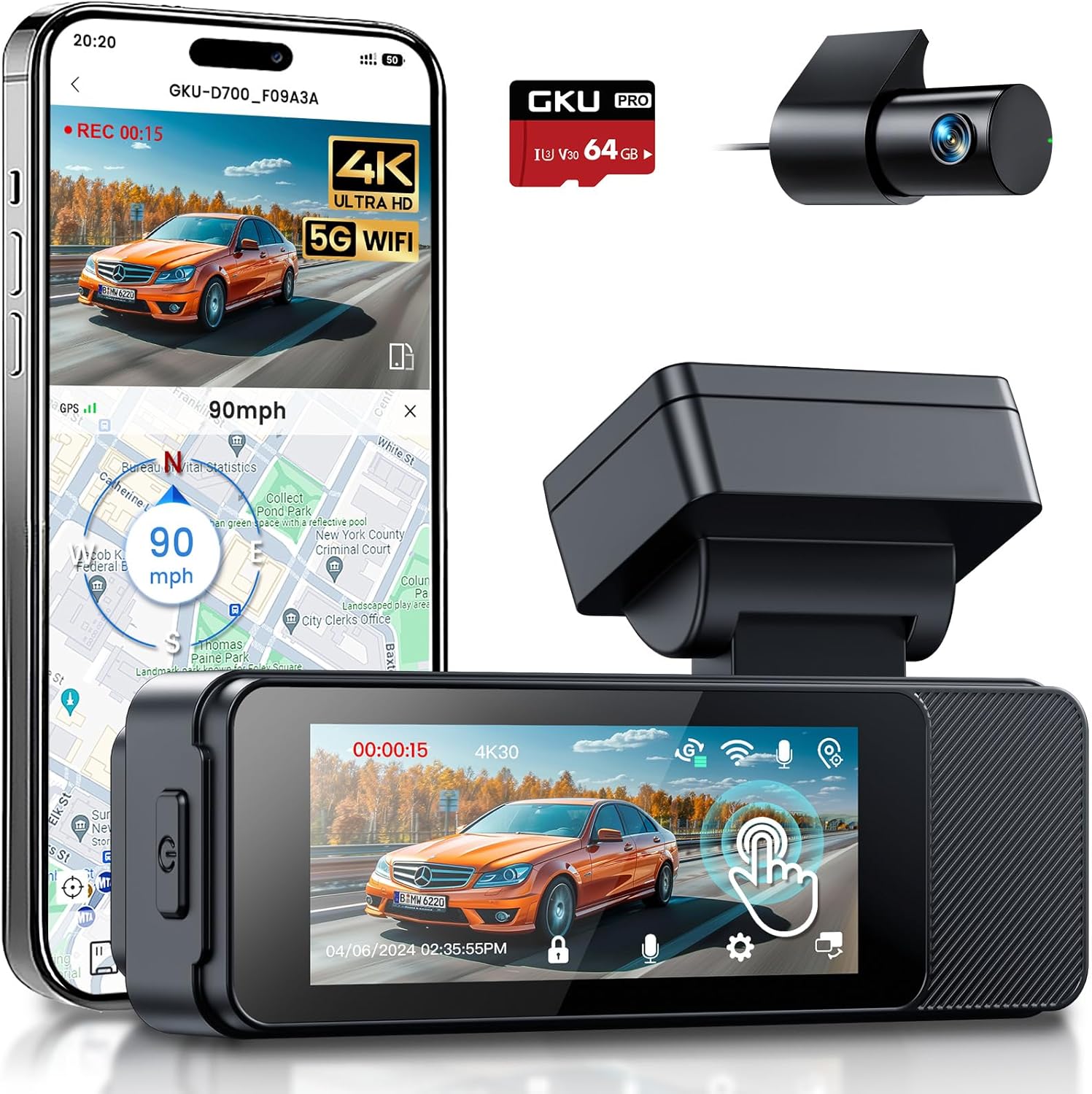 GKU 4K Dash Cam Front and Rear, 5Ghz Wi-Fi Dashcam with 3.18'' Touchscreen, GPS,...
