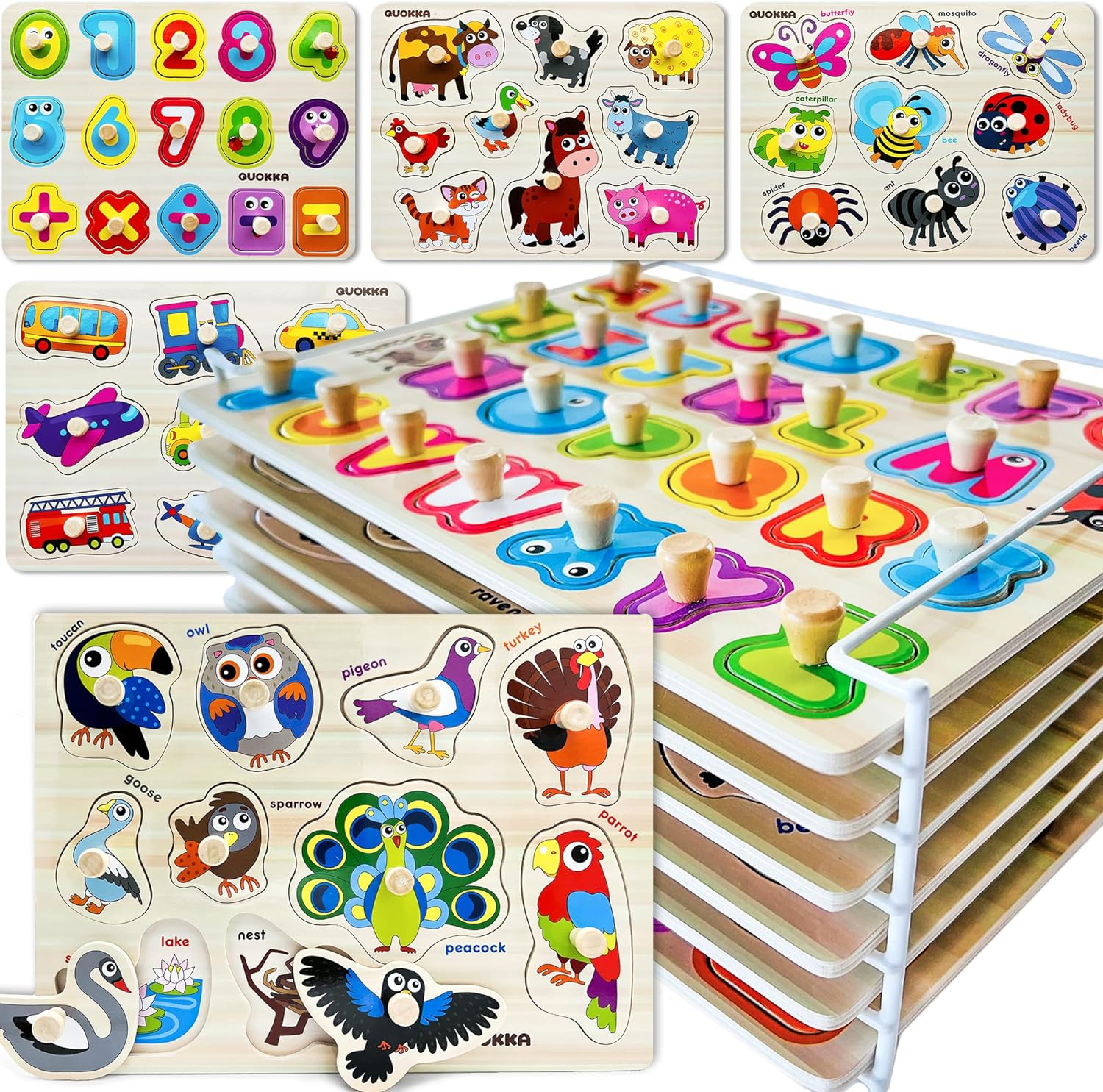 QUOKKA Wooden Puzzles for Toddlers 1-3 - 6XSET Toddler Puzzles Ages 2-4 with Rac...
