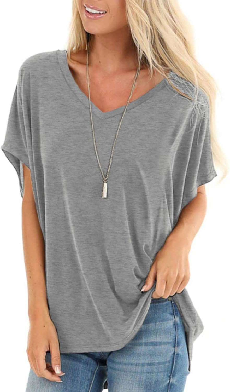 SAMPEEL Womens Summer Dolman Sleeve V Neck Casual Tops Tshirts X-Large Grey