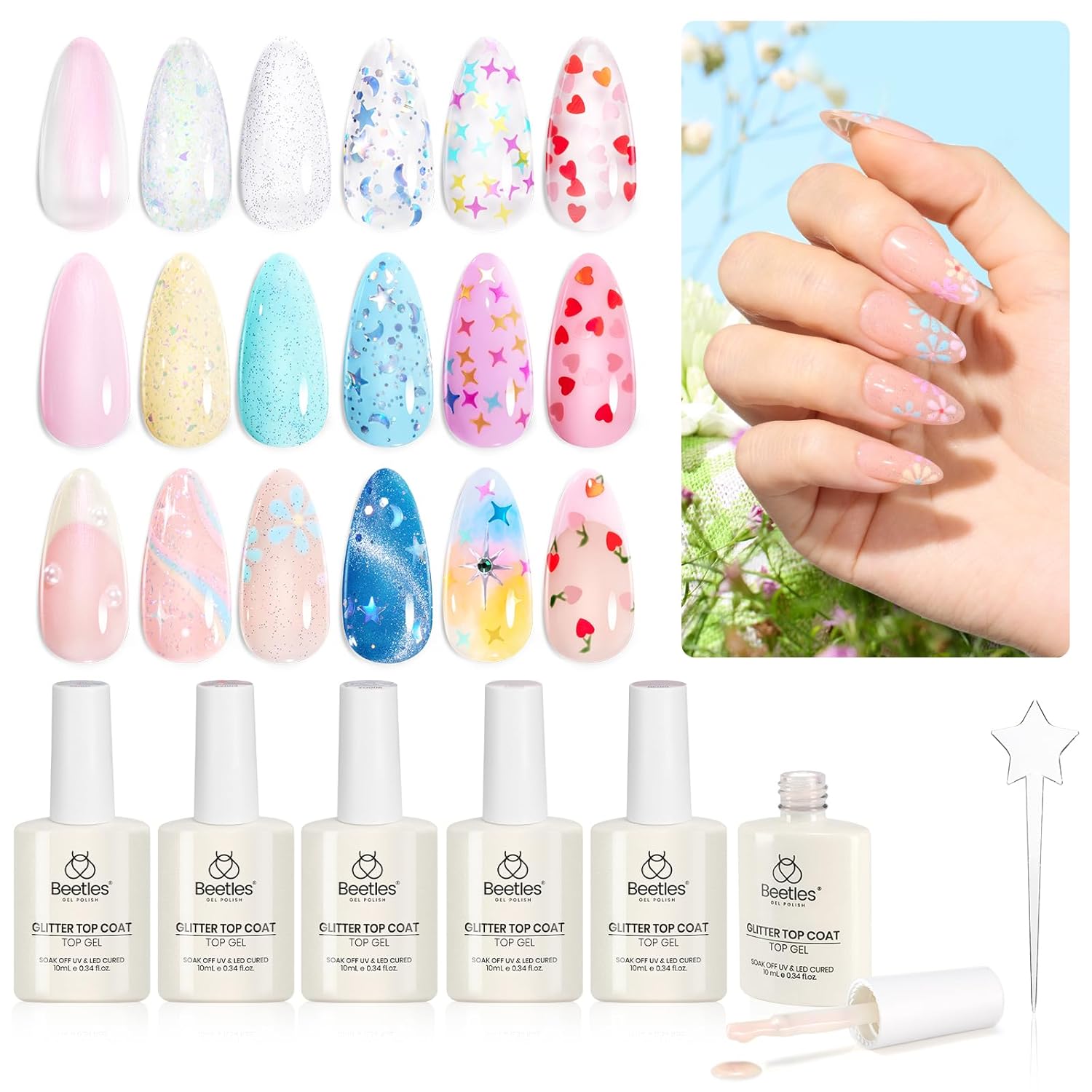beetles Gel Polish 6Pcs Heart Star Reflective Glitter Gel Top Coat Set, Clear Pi...