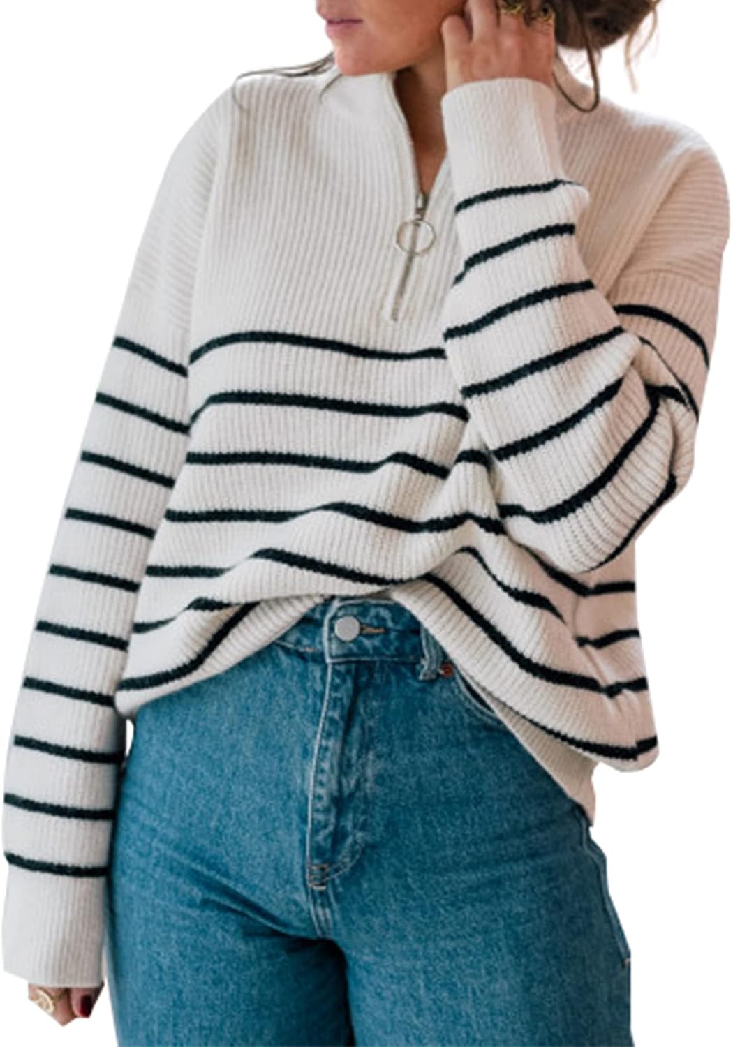 Amkoyam Women's Striped Sweaters 2023 Long Sleeves Knitted Casual Pullovers Loos...