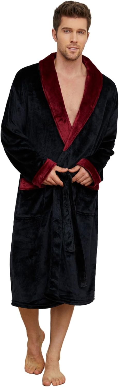 U2SKIIN Mens Fleece Robe Plush Collar Shawl Bathrobe Large-X-Large Black/Dark Re...