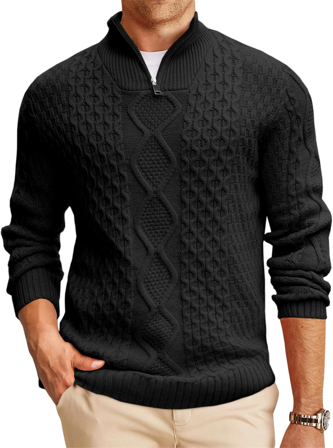 Runcati Mens Quarter Zip Pullover Sweater Cable Knit Stand Collar Casual Long Sl...