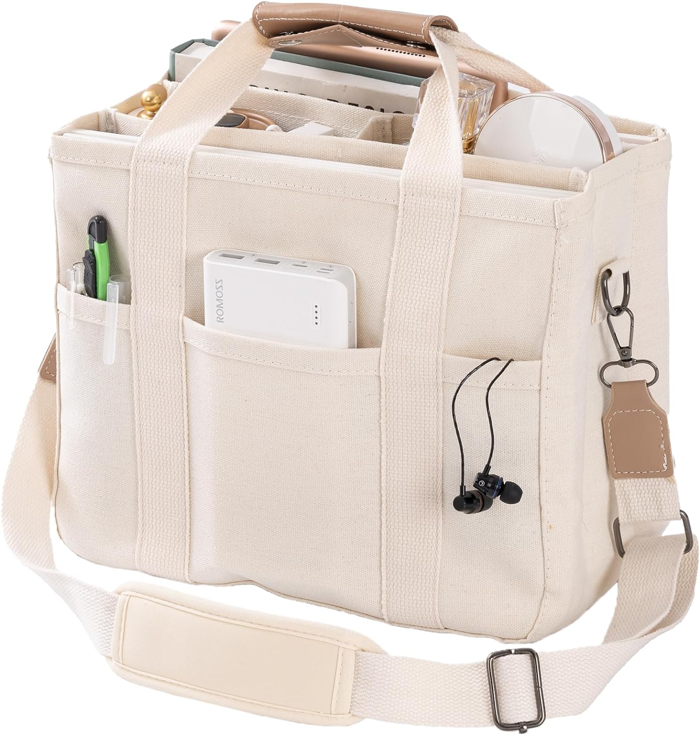 Canvas Tote Bag with Multi Pockets Crossbody Tote Bag for Women Shoulder Handbag...
