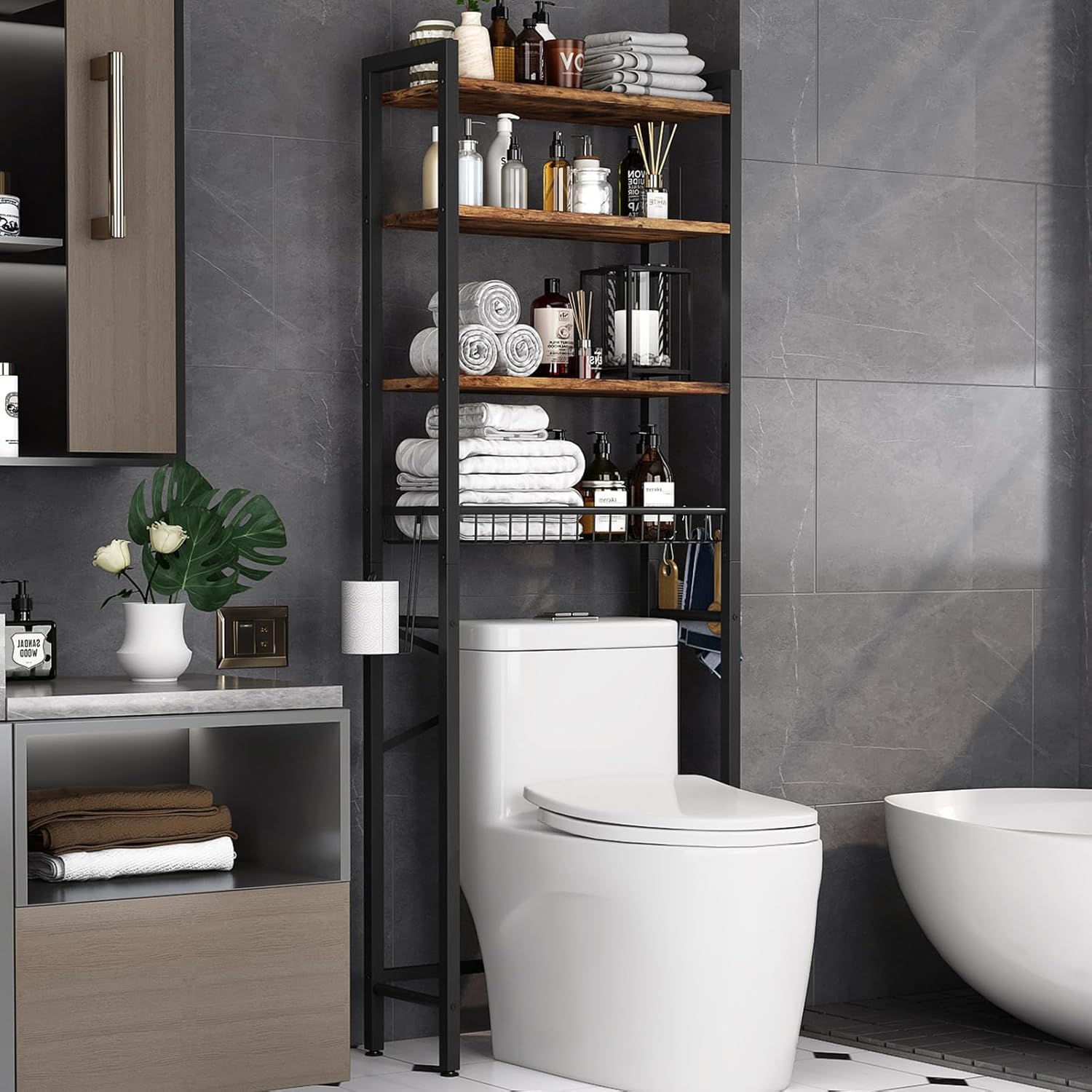 Over-The-Toilet Storage Rack, 4-Tier Bathroom Organizer Shelf Over Toilet with A...