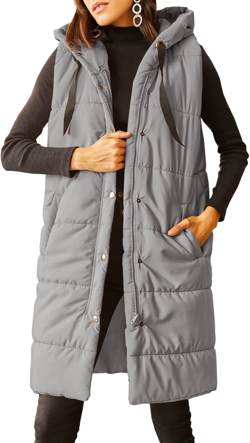 Grlasen Women's Long Quilted Puffer Vest Sleeveless Hooded Button Down Padded Co...