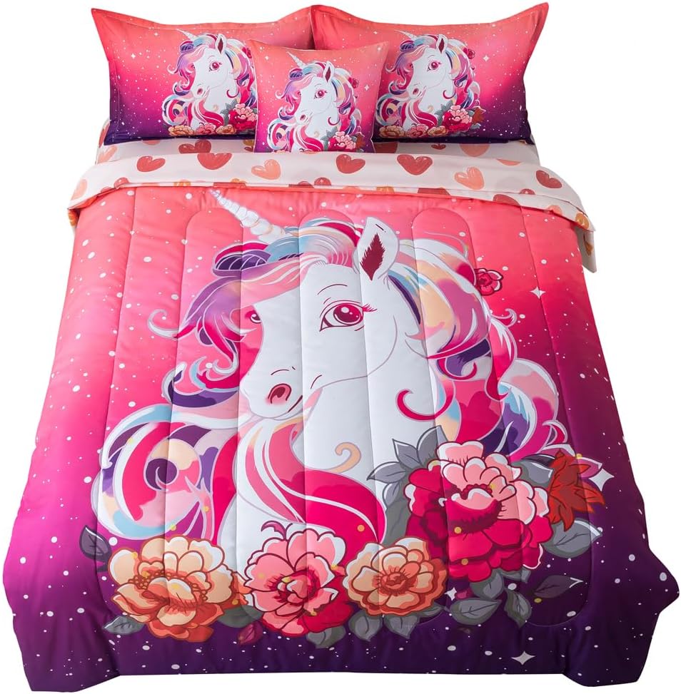 qjmiaofang 6 Pieces Unicorn Comforter Sets for Girls Twin Size Unicorn Bedding S...