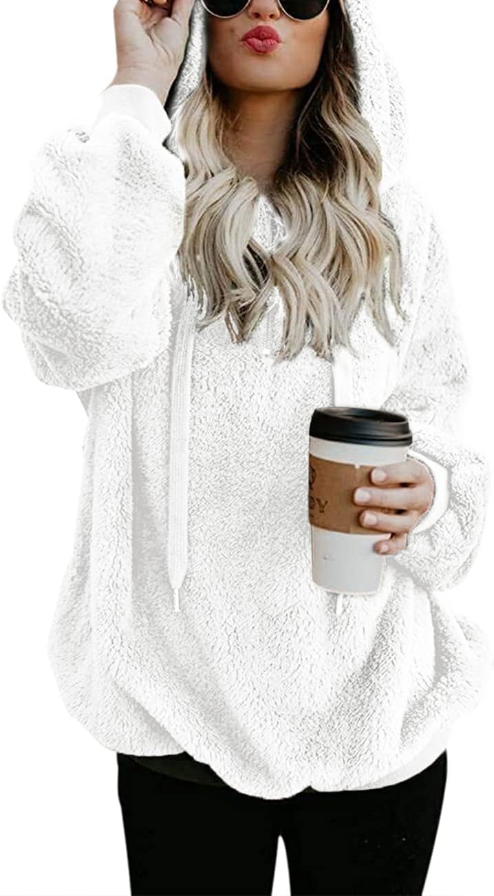 iWoo Teddy Fleece Sweatshirts Womens Casual Double Fuzzy Fluffy Hoodie Solid Col...