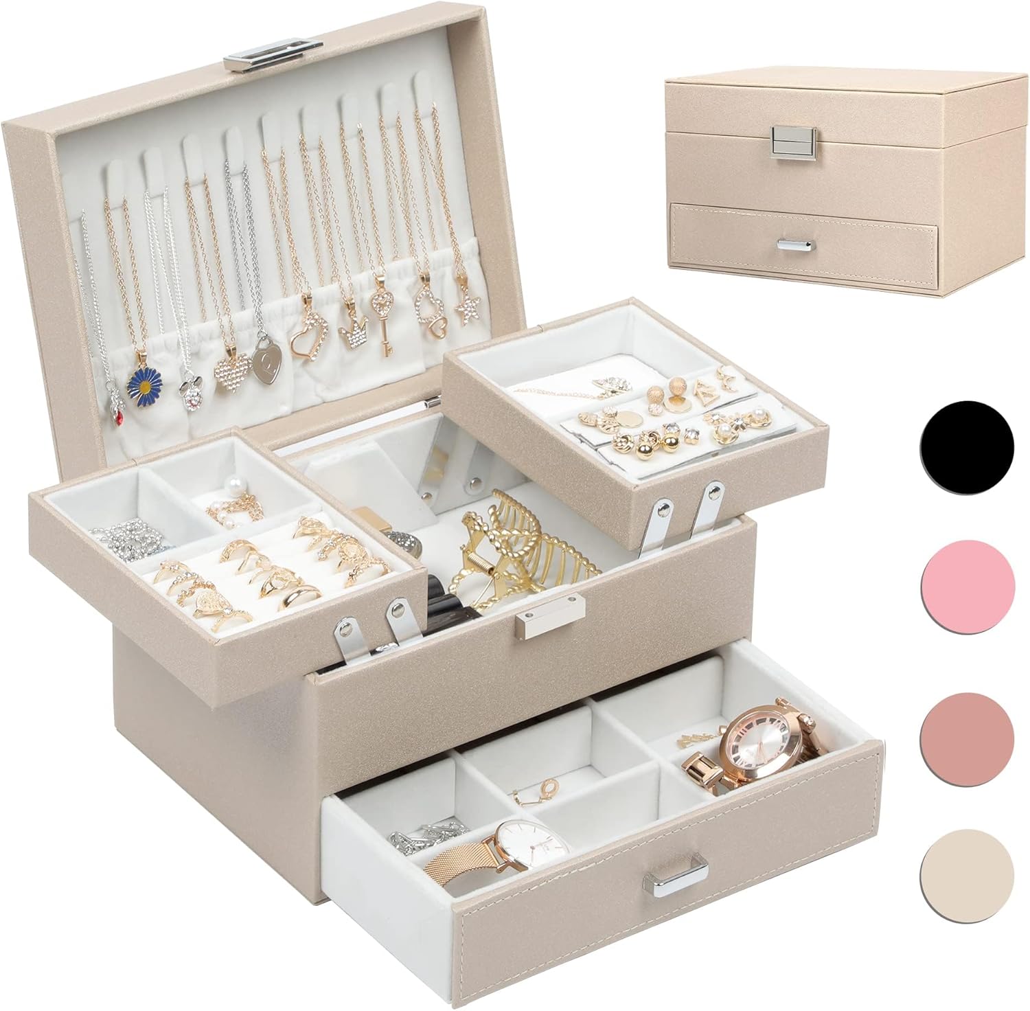 Dajasan Jewelry Box Organizer, Jewelry Boxes for Women Girls, 3 Layers Jewelry G...