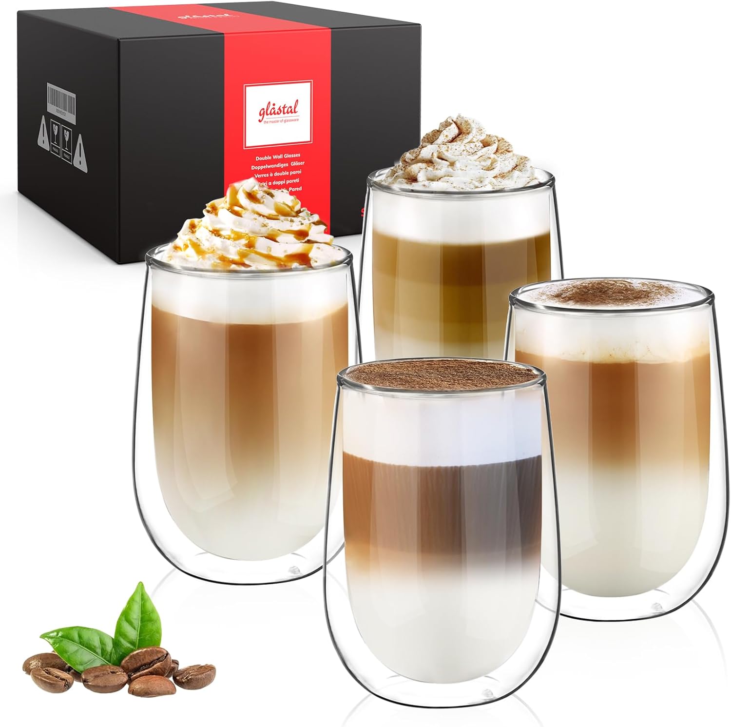 glastal 4x350ml Double Walled Coffee Glasses Mugs Cappuccino Latte Macchiato Gla...