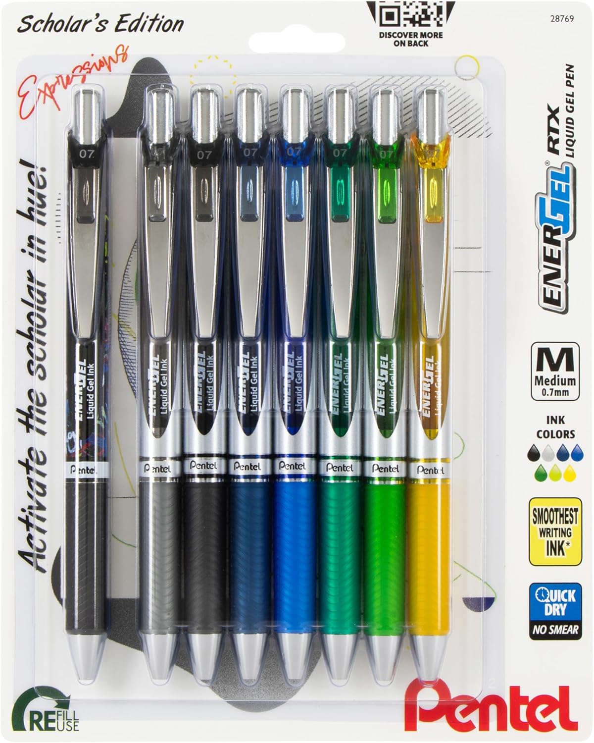 Pentel EnerGel RTX Retractable Liquid Gel Pen, Scholar Expressions Pack, 0.7mm,...