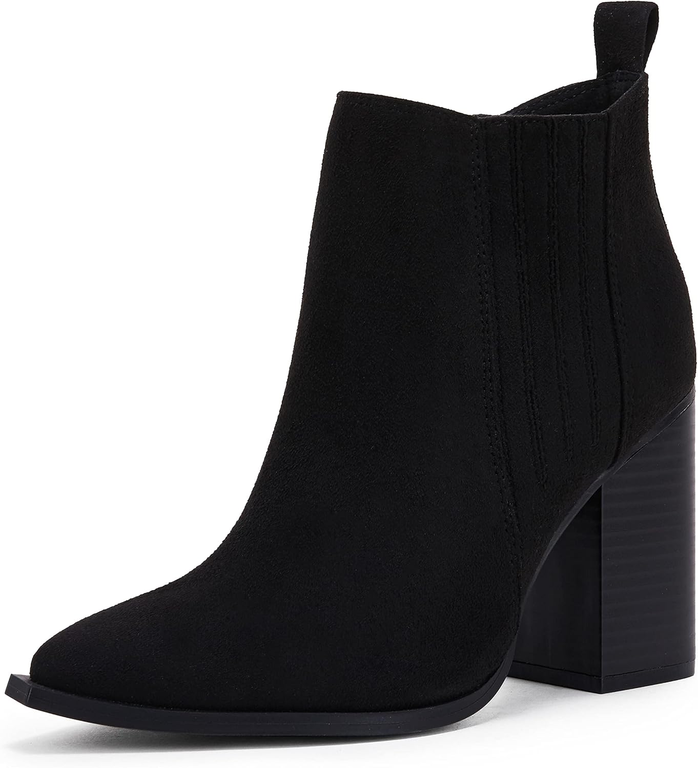 Womens Pointed Toe Slip on Ankle Booties Stacked Mid Block Heel Shoes Faux Leath...