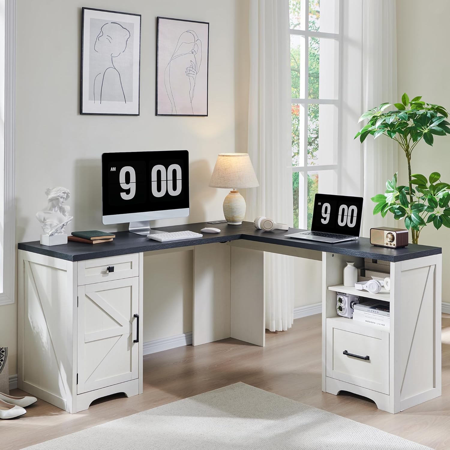 JXQTLINGMU L Shaped Desk, Corner Computer Desk with File Drawer & Charging Stati...