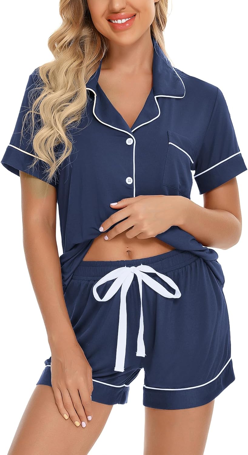 Anjue Womens Pajamas Set Short Sleeve Sleepwear Button Down Nightwear Shorts Sof...
