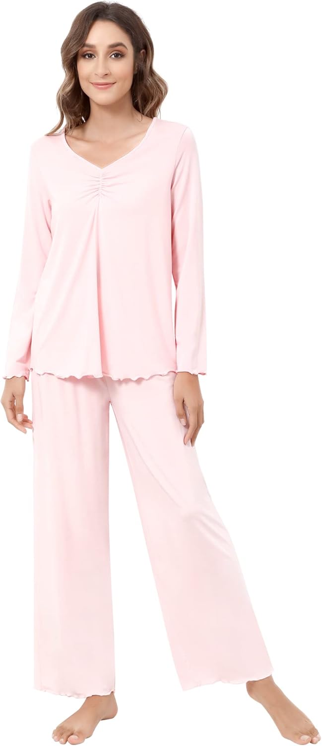 NACHILA Women's Pajamas-Viscose Made from Bamboo, Long Sleeve Pj V Neck Sleepwea...