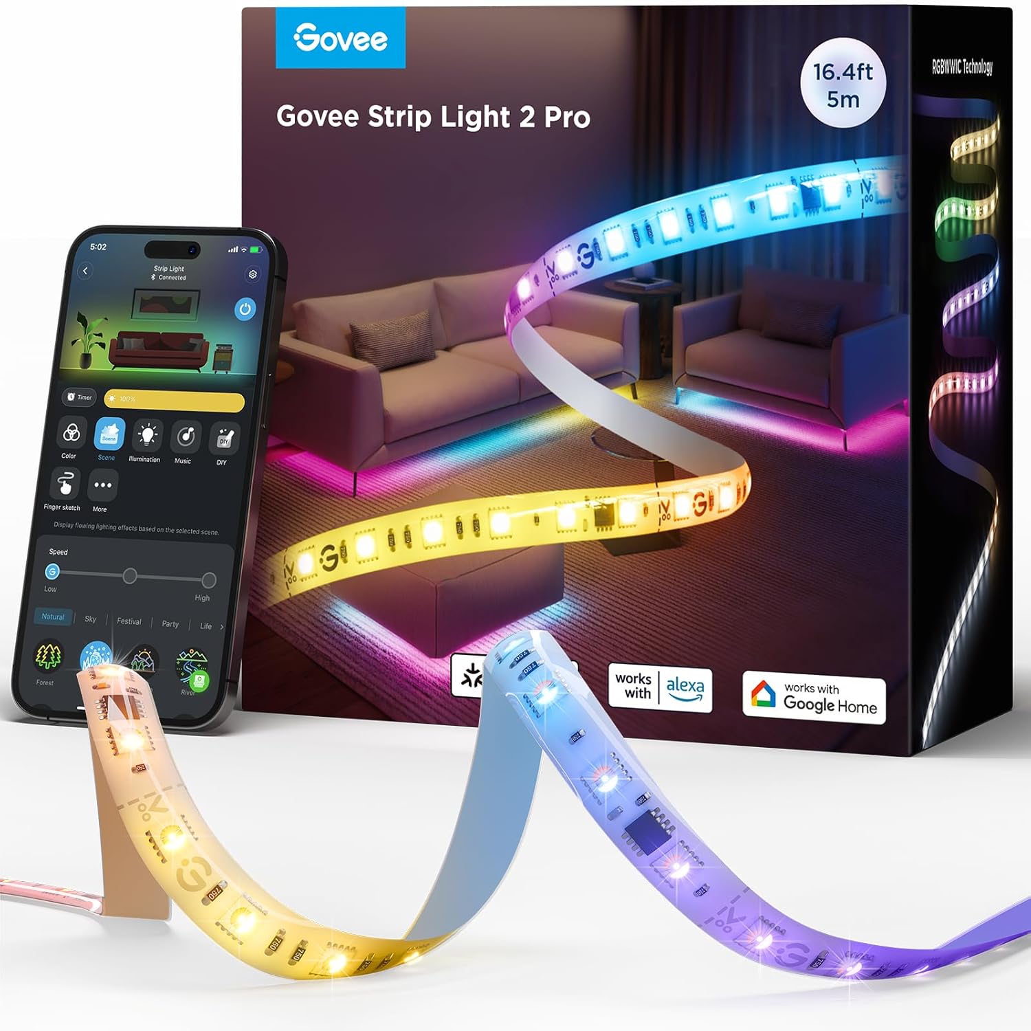 Govee RGBIC LED Strip Light 2 Pro with Matter, 5m WiFi LED Strip Lights for Bedr...