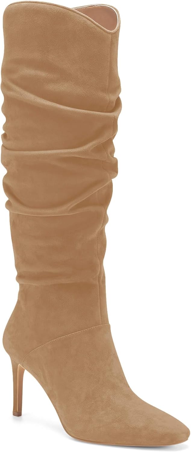 Coutgo Womens Knee High Boots Faux Suede Almond Toe Stiletto High Heel Slouchy S...