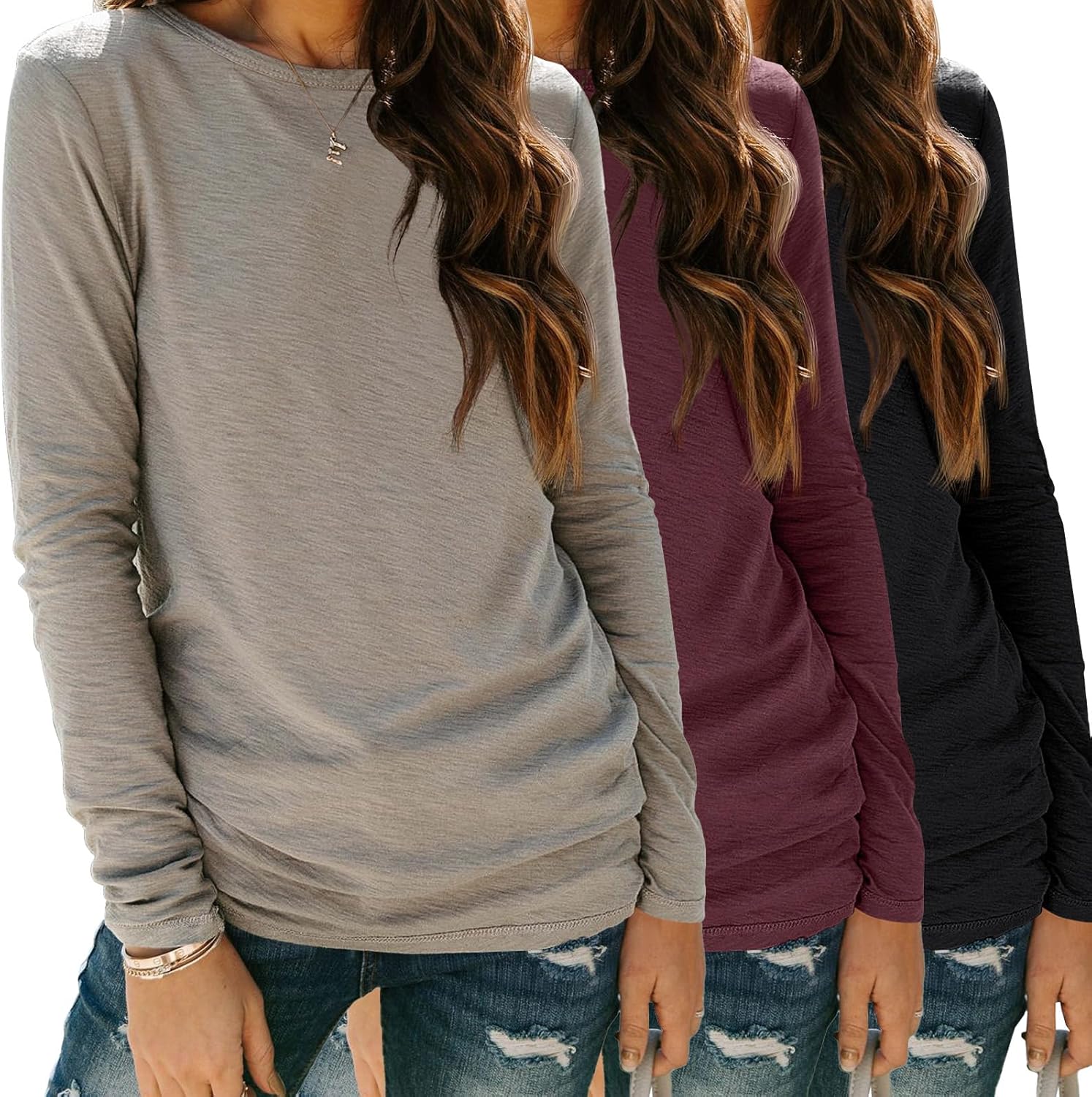 SUNBS Womens 3 Packs Long Sleeve Shirts Loose Fit Fall Tops Fashion Clothes Outf...