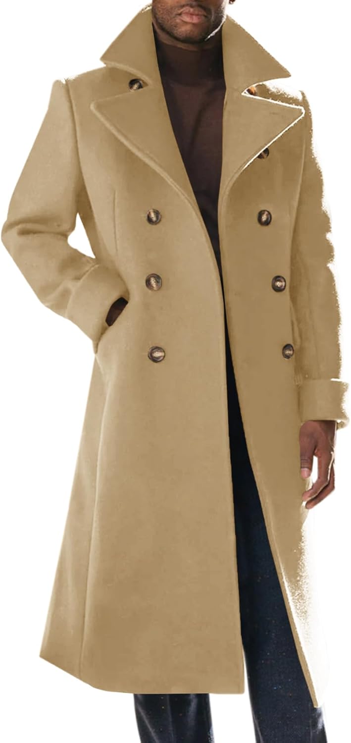 Runcati Mens Trench Coat Notch Lapel Slim Fit Double Breasted Wool Blend Long Pe...