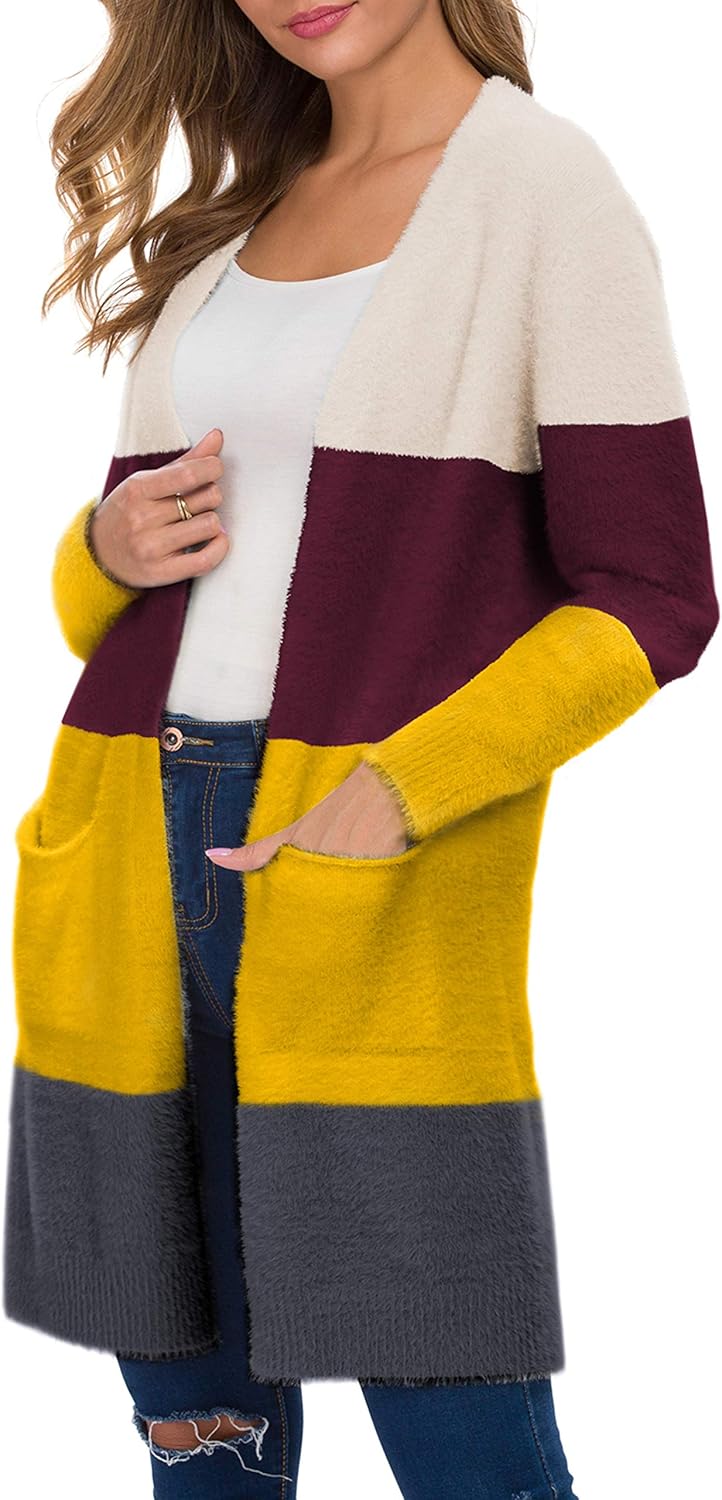 QIXING Women's 2024 Casual Open Front Knit Cardigans Long Sleeve Plush Sweater C...