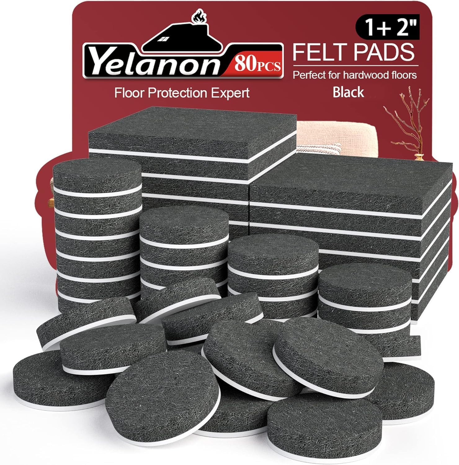 Yelanon Felt Furniture Pads - 80 Pcs Furniture Pads for Hardwoods Floors, Felt C...