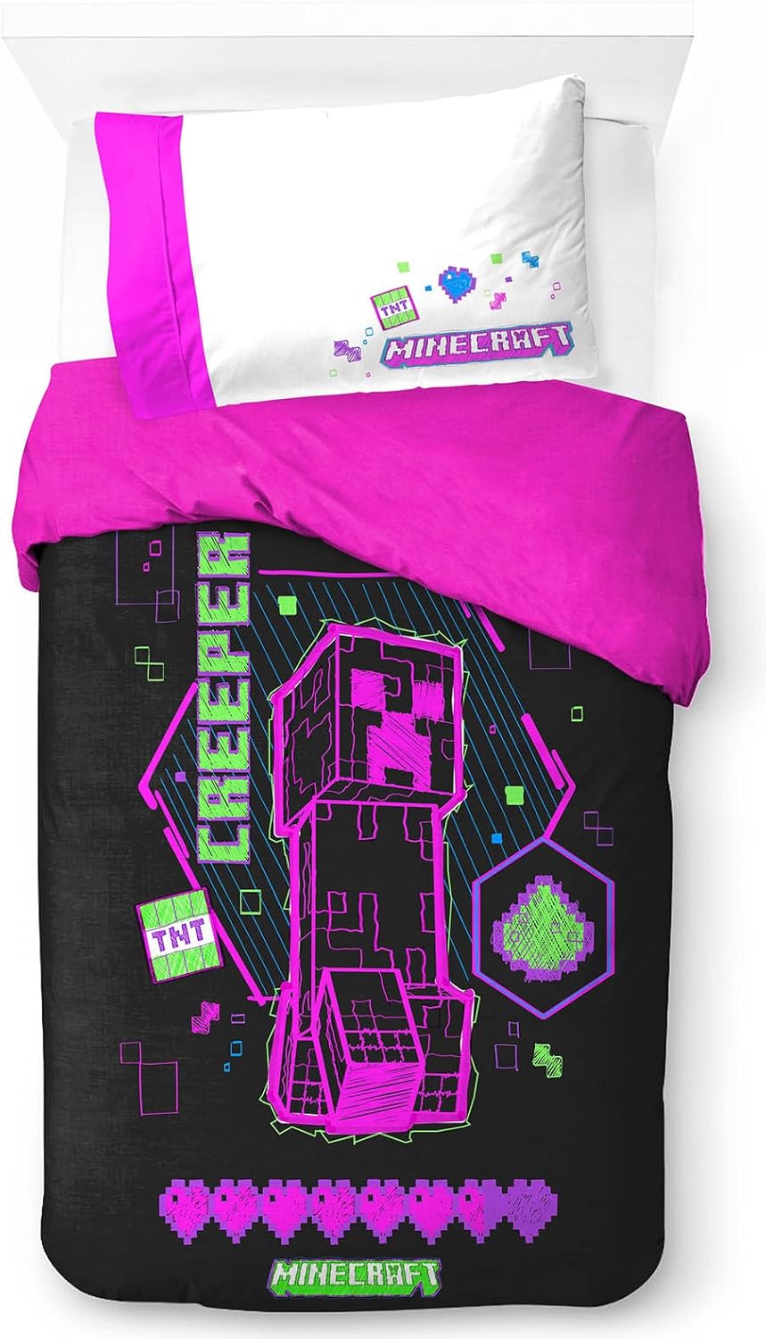 Jay Franco Minecraft Neon Creeper 100% Cotton Single Duvet Cover Set - Includes...