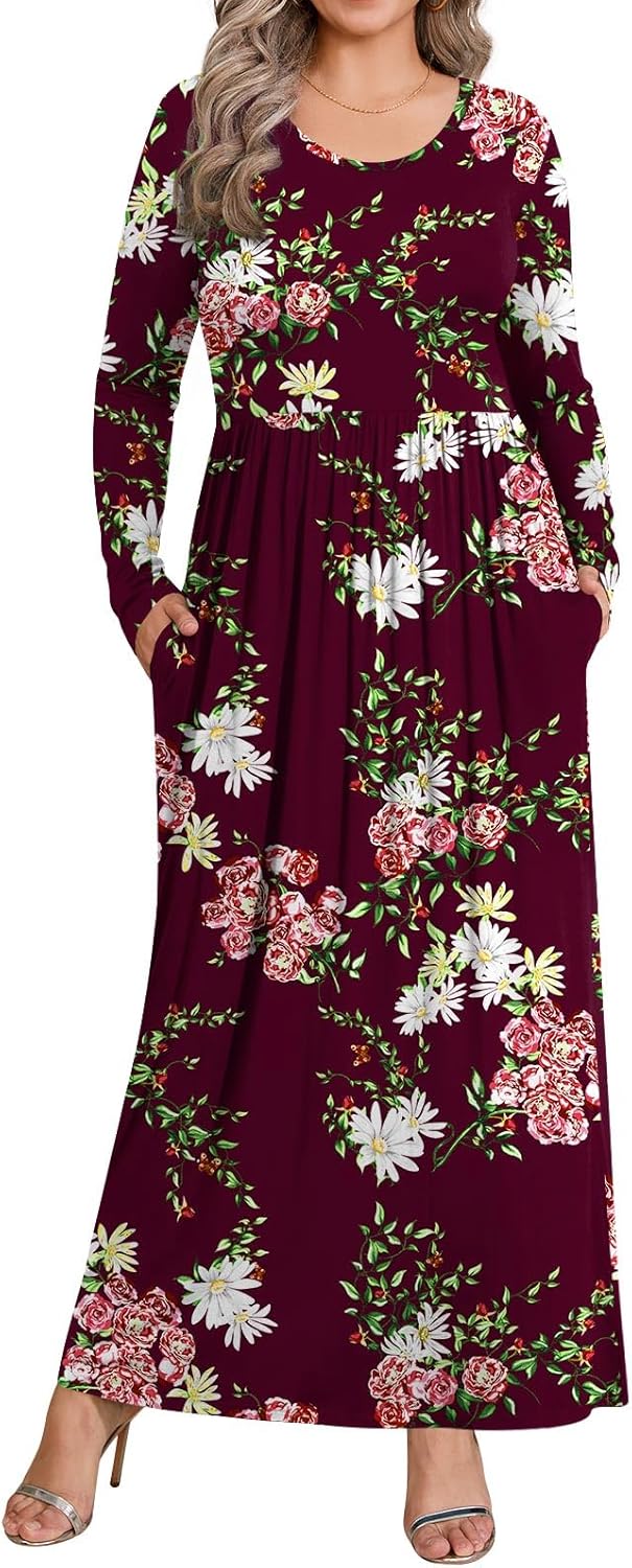 BISHUIGE Womens XL-6XL Long Sleeve Casual Plus Size Maxi Dresses with Pockets XX...